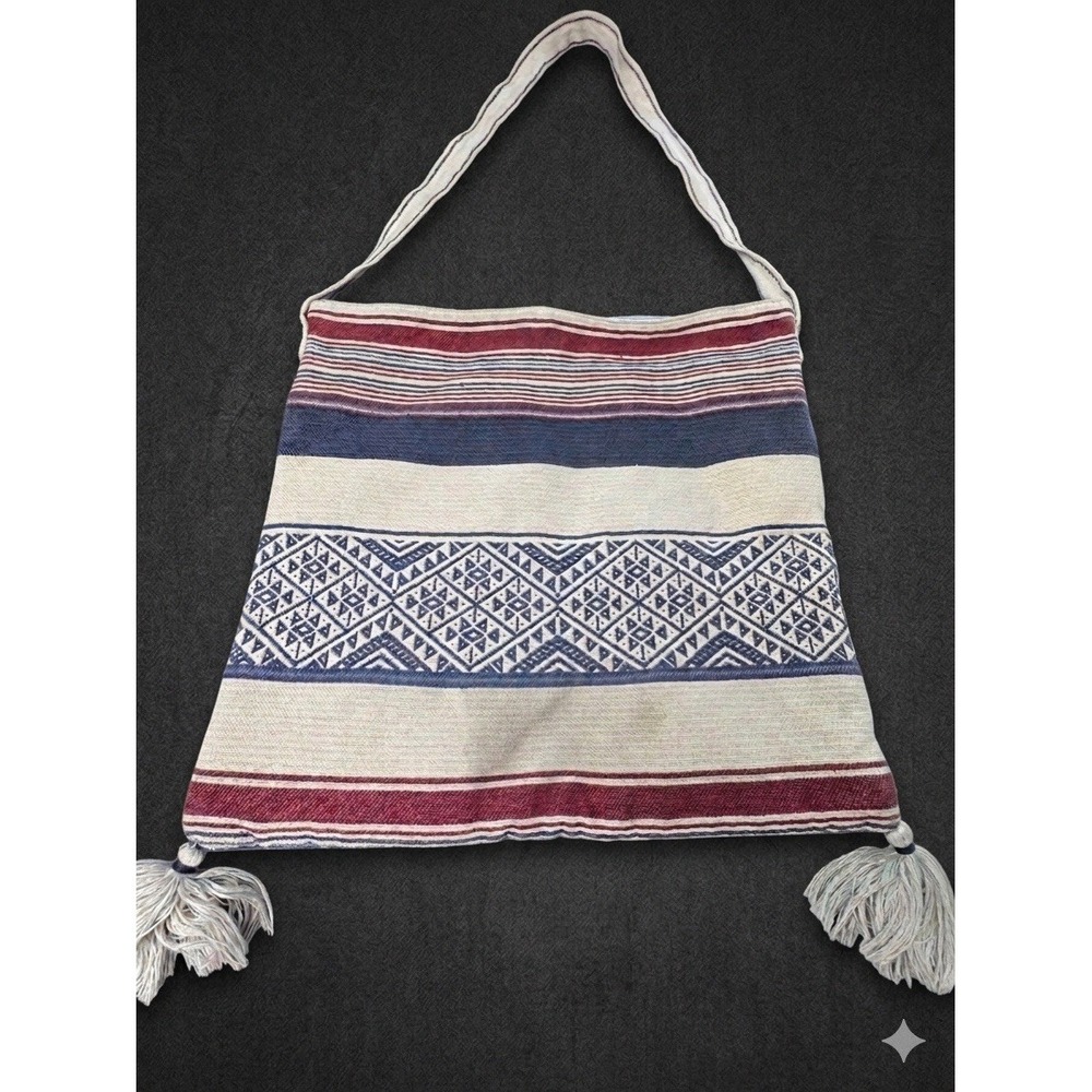 Star Mela Crossbody Bag Blue Red Cream Woven Geometric Tassel Boho Shoulder Bag
